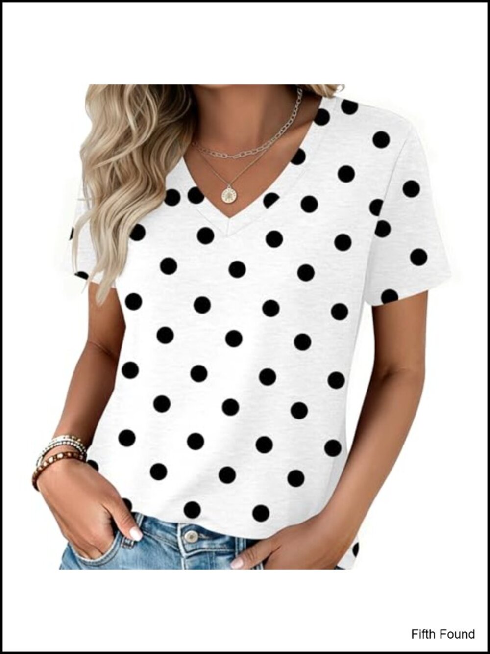 Womens V-Neck Short Sleeve Tee Casual Summer T-Shirt Loose Fit Polka Dot